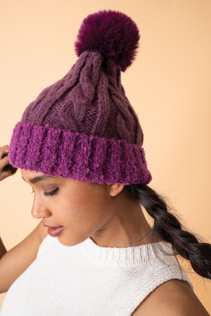 Freya Pompom Hat in Damson