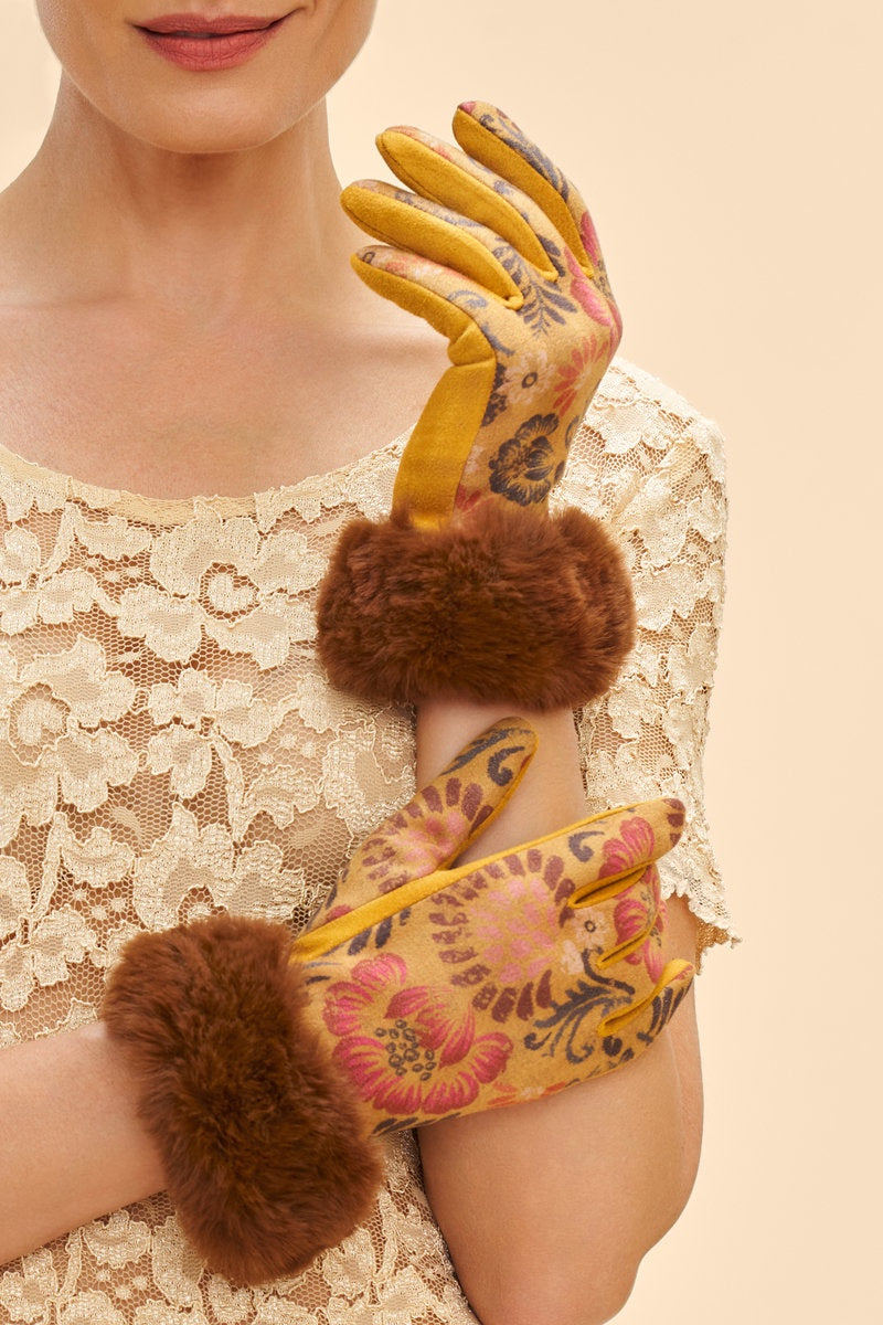 Bernadette Faux Suede Floral Gloves Mustard